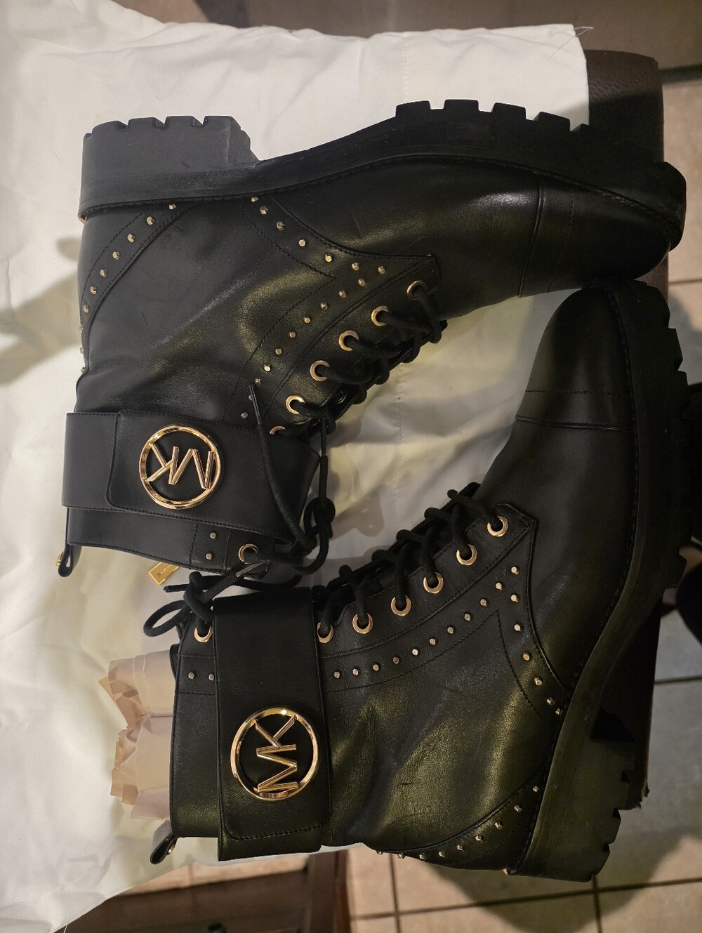 Michael Kors Black Leather Lace-Up Combat Boots with Gold Hardware